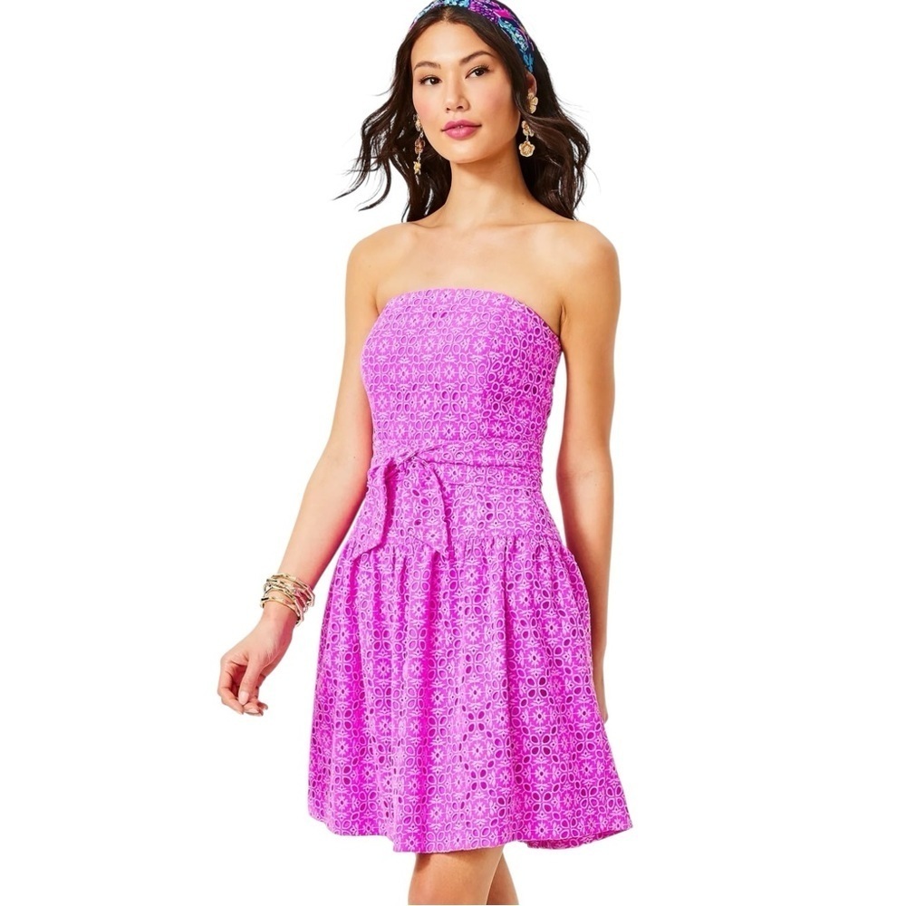 LILLY PULITZER AKELA ORCHID OASIS DIAMOND LEAF EYELET DROP WAIST MINI DRESS